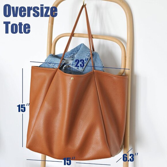 Hoxis Women Orange PU+Polyester Weekender Oversize Vegan Leather Tote Handbag - Picture 3 of 7